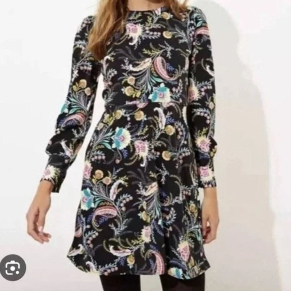 LOFT Birds of Paradise Black Dress Paisley Floral Long Sleeve Size 2 Petite
